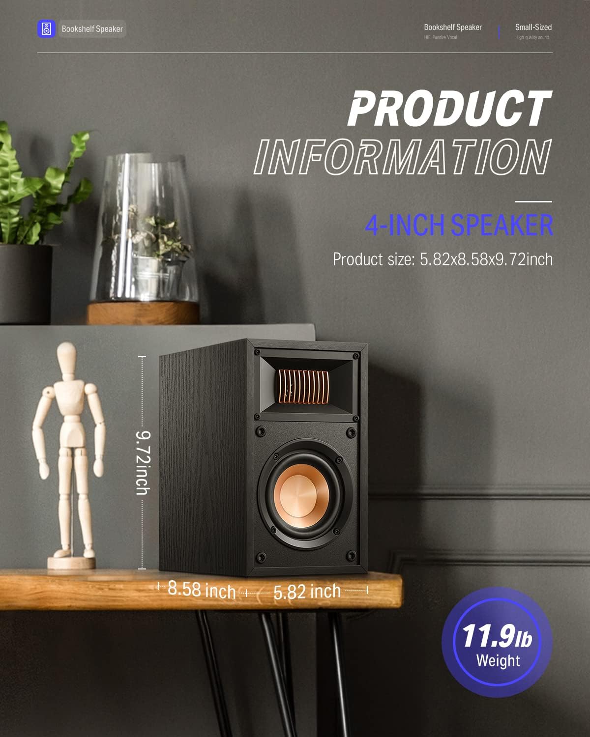Passive Bookshelf Speakers 4 inch 2.0 Stereo Pair Black P49288
