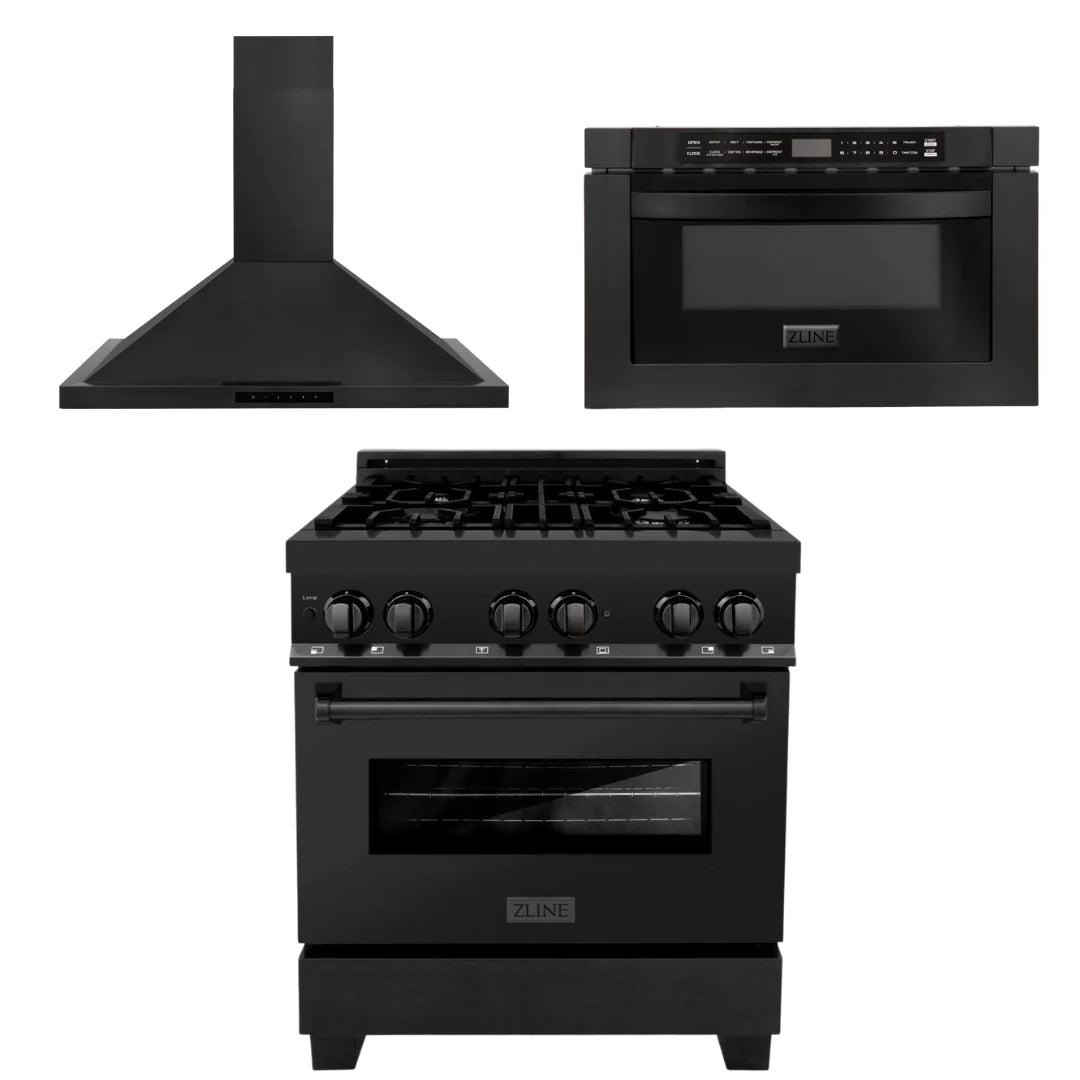 30 in. Dual Fuel Range, Range Hood & Microwave in Black Stainless Steel T321147