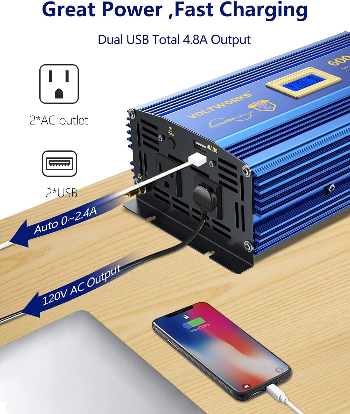 600 Watts Pure Sine Wave Power Inverter DC 12V to AC 110V 120V with USB Port & LCD Display Z263886