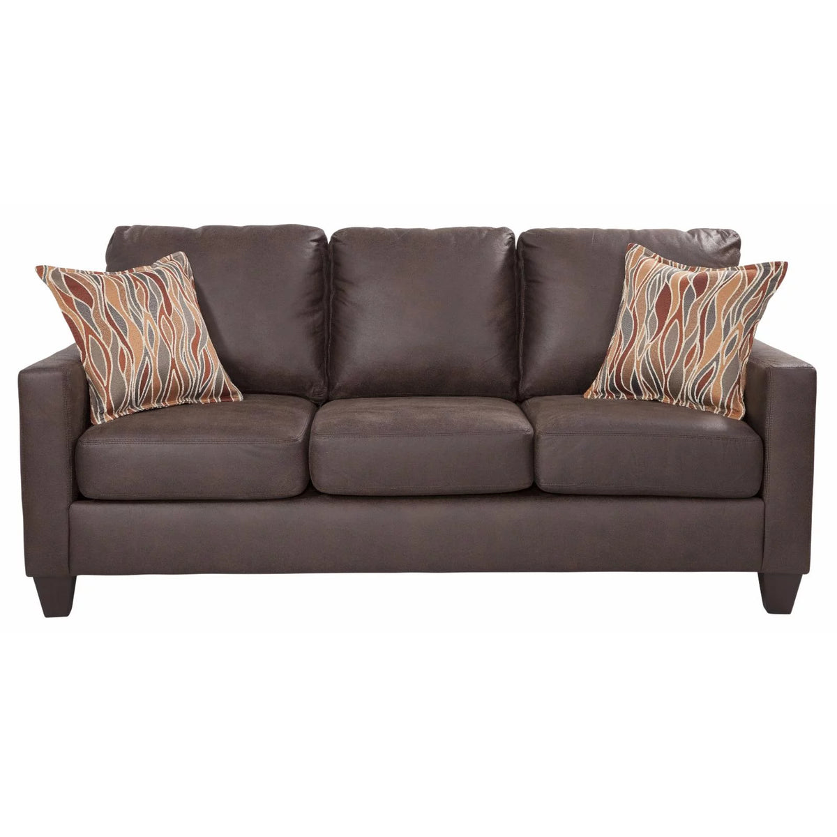 Square Arm Sofa in Pinto Brown Faux Leather with Two Accent Pillows W53424