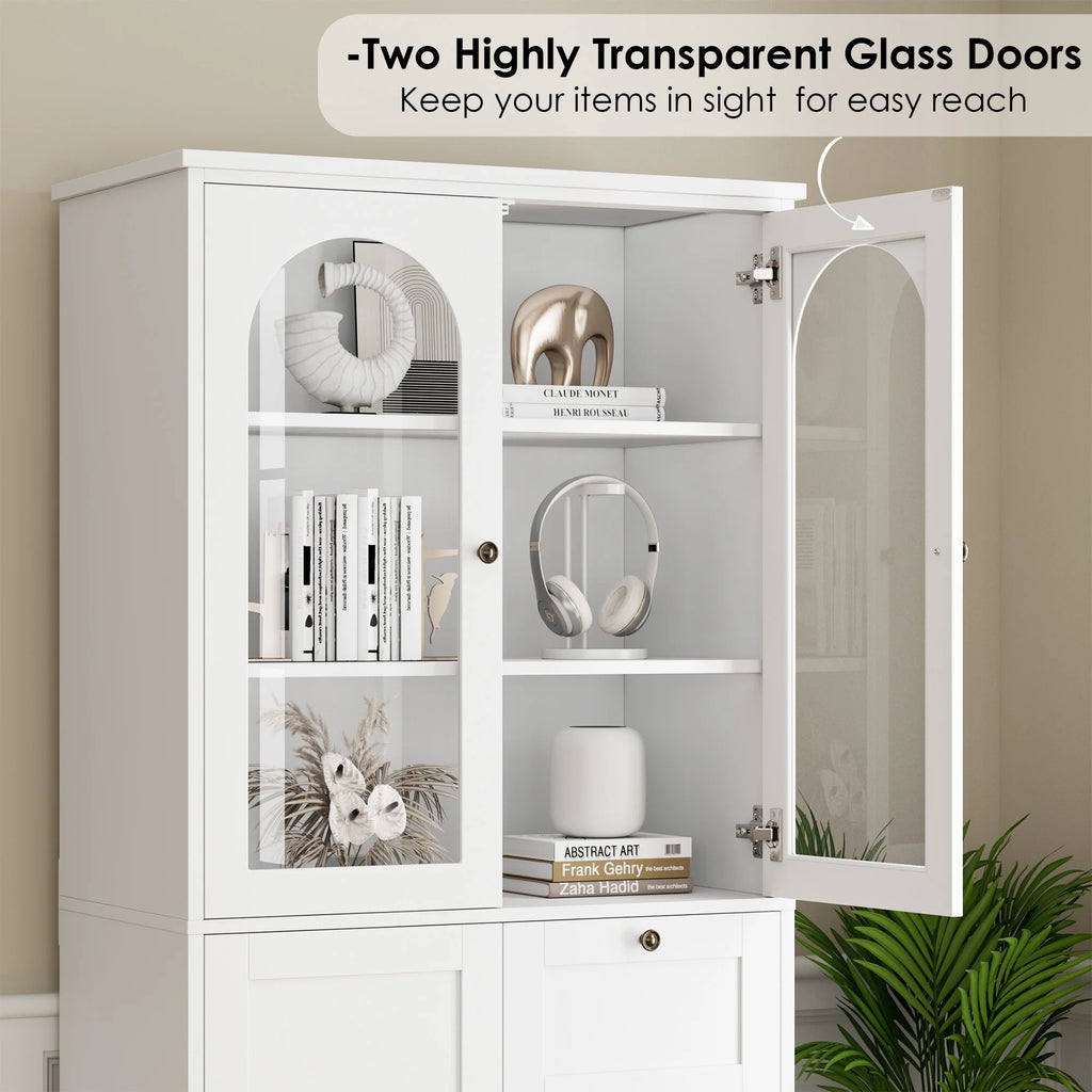 White Kitchen Pantry Cabinet with 2 Glass Doors and 4 Drawers M70531