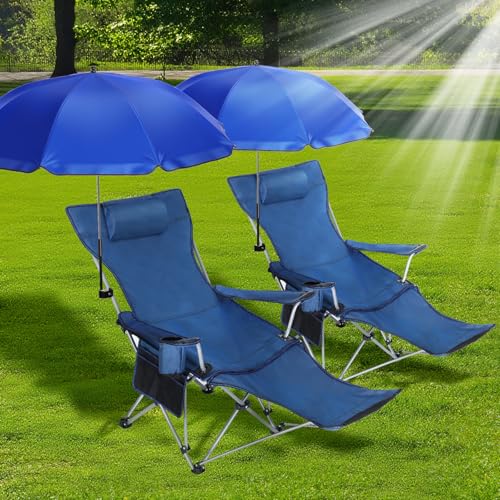 2 Set Folding Camping Chair with Umbrella and Foot Rest N654