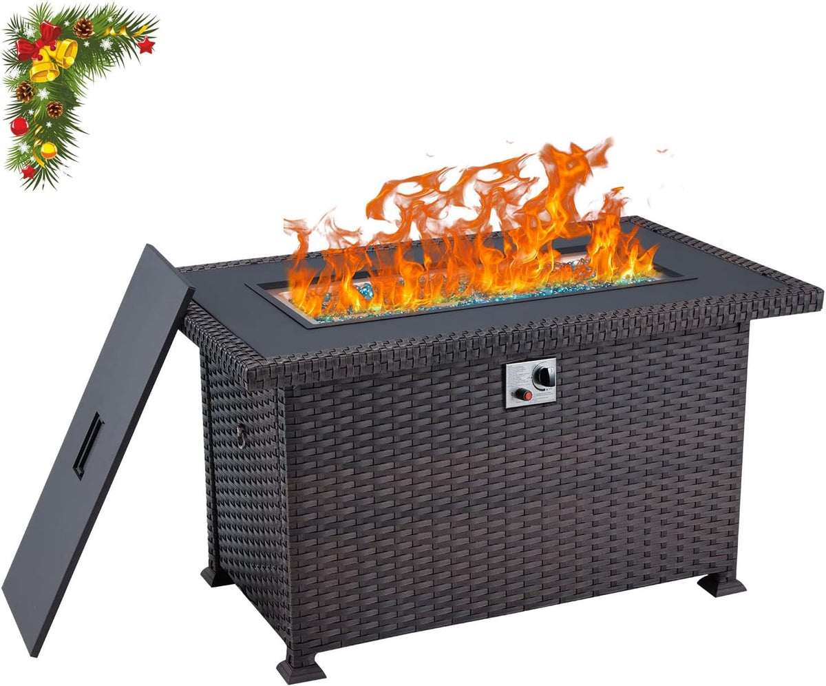 Propane Fire Pit Table 44in 50000BTU Auto-Ignition Smokeless with Cover and Blue Fire Glass Black K602887