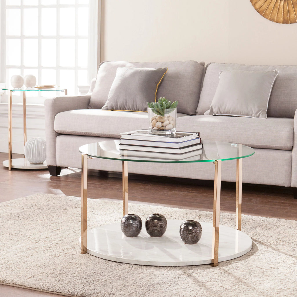 Modern Faux Marble and Glass Top Round Coffee Table B8870