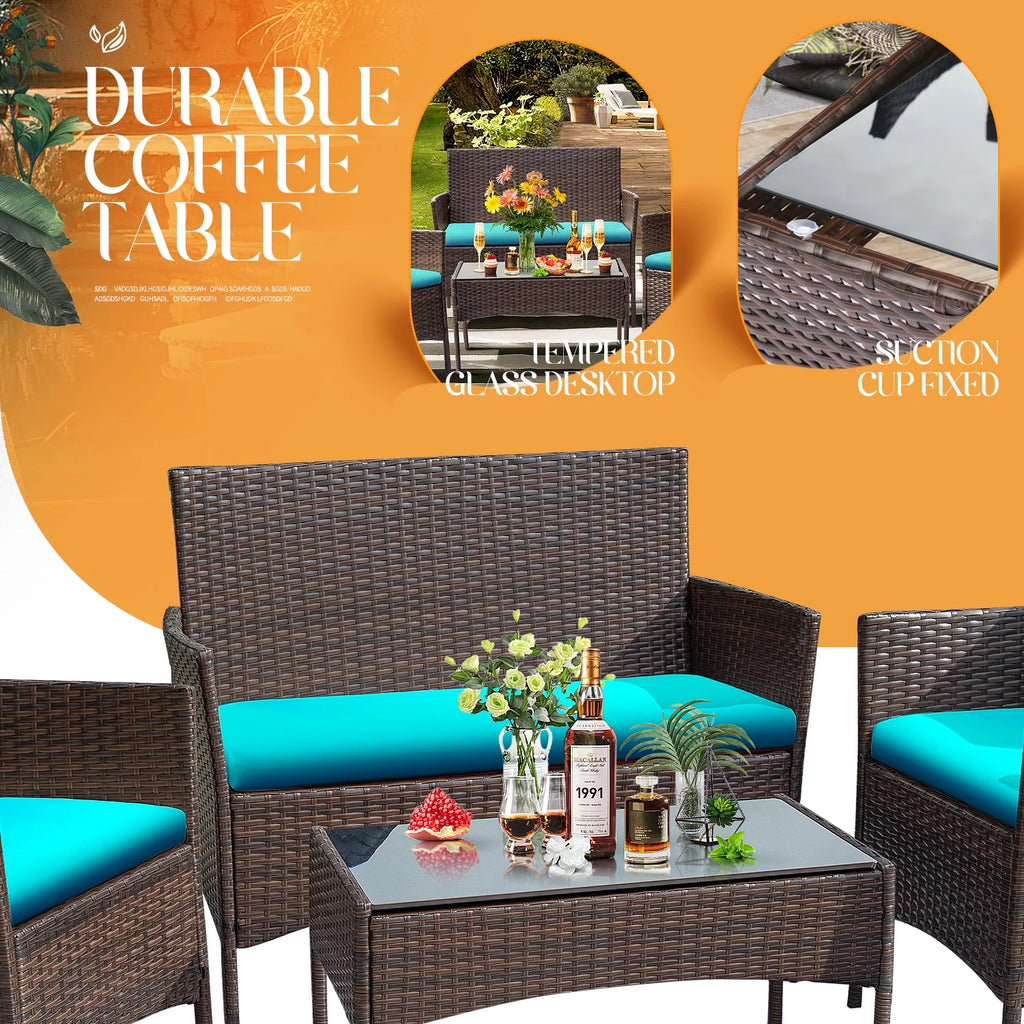 4 Piece PE Rattan Wicker Patio Table and Chairs Set with Cushions N8022