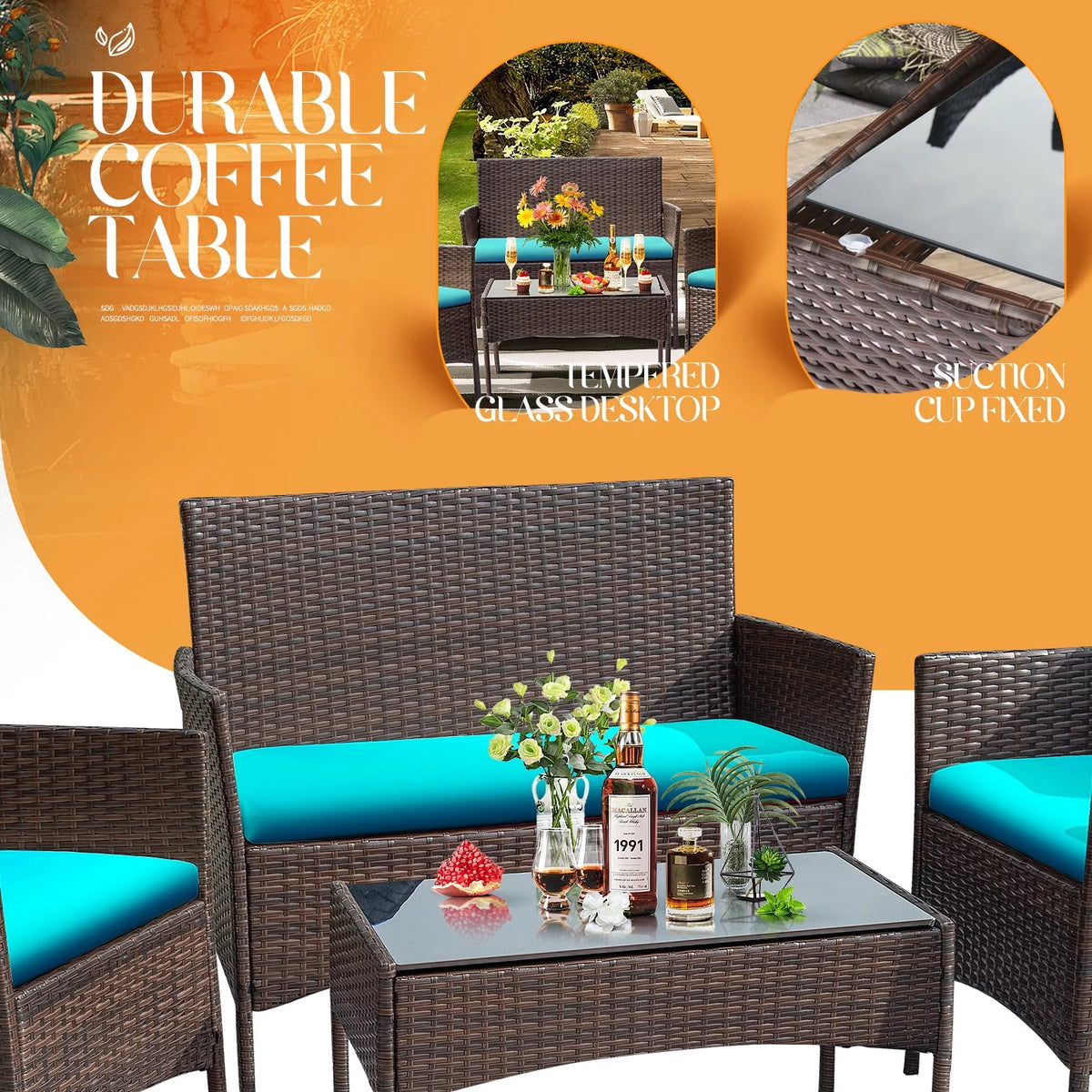 4 Piece PE Rattan Wicker Patio Table and Chairs Set with Cushions N8022