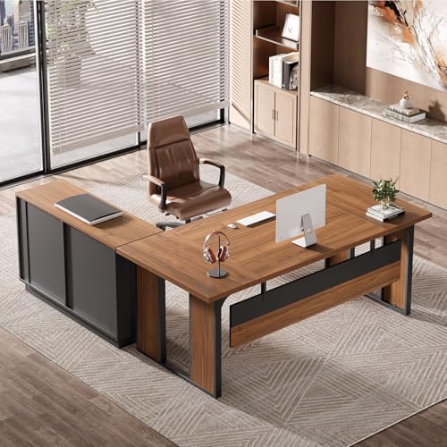 L-Shaped Executive Desk with Drawers Cabinet and Storage Shelves V749057