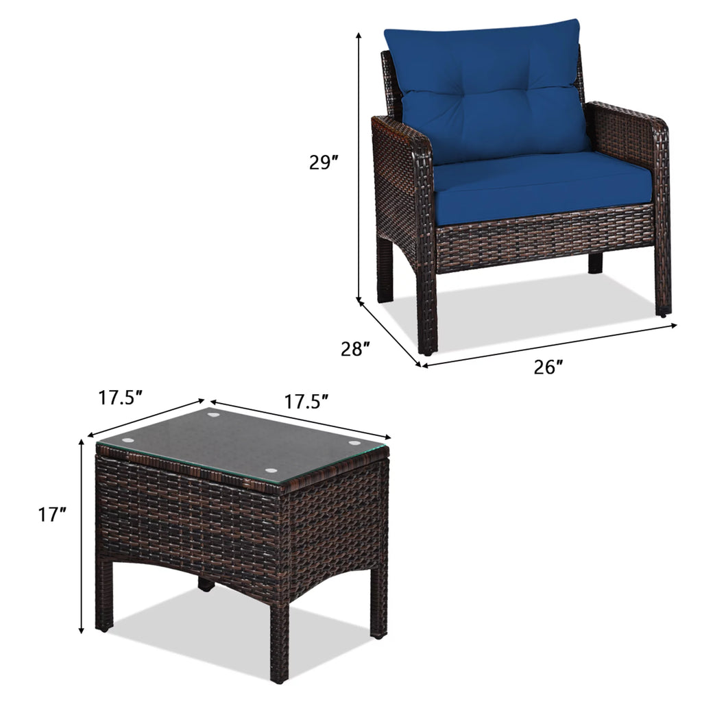 3 Pcs Rattan Patio Conversation Set with Navy Cushions J43316
