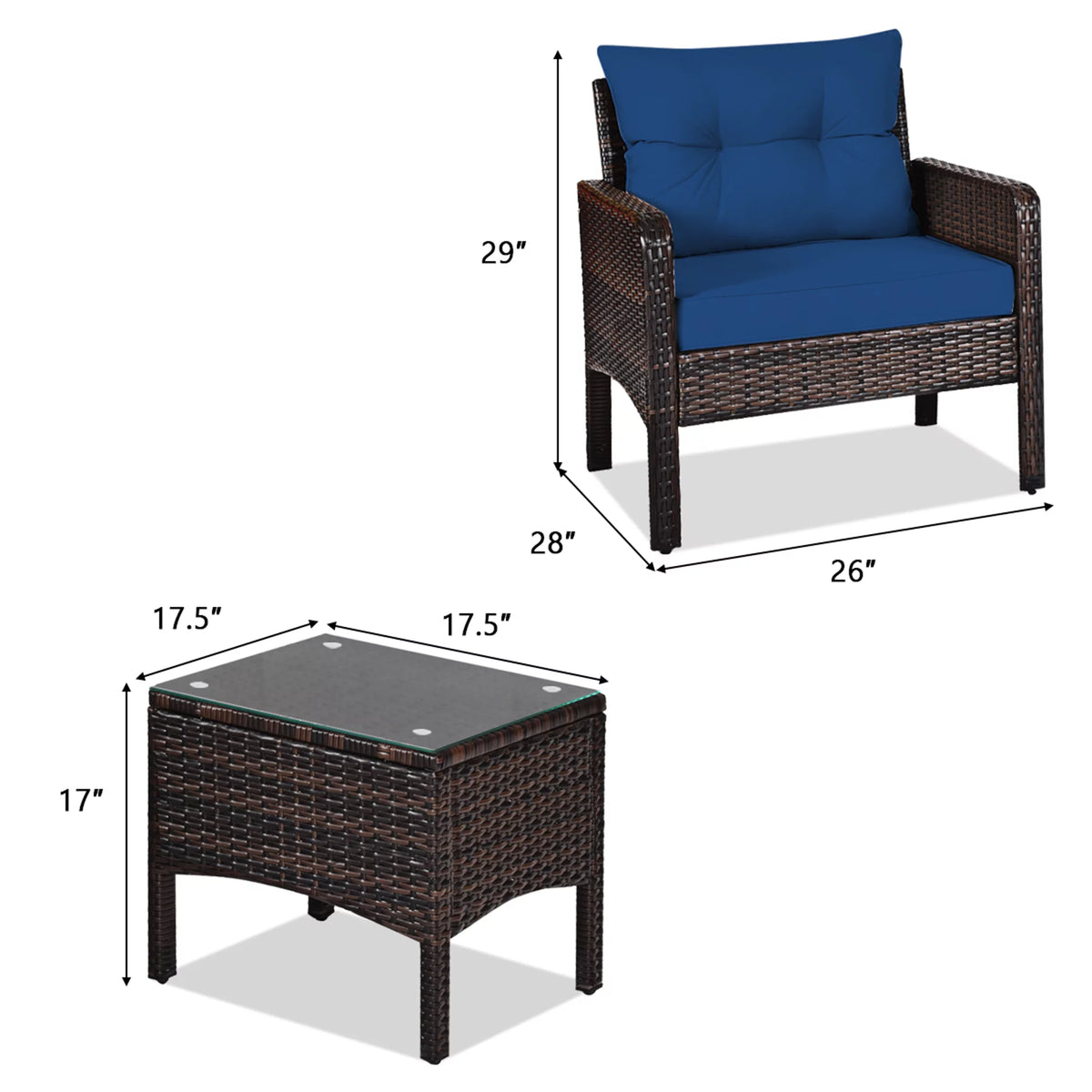 3 Pcs Rattan Patio Conversation Set with Navy Cushions J43316