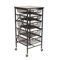 Wheeled Folding Steel 5 Drawer Mesh Storage Kitchen Cart Wood Top Black G48717