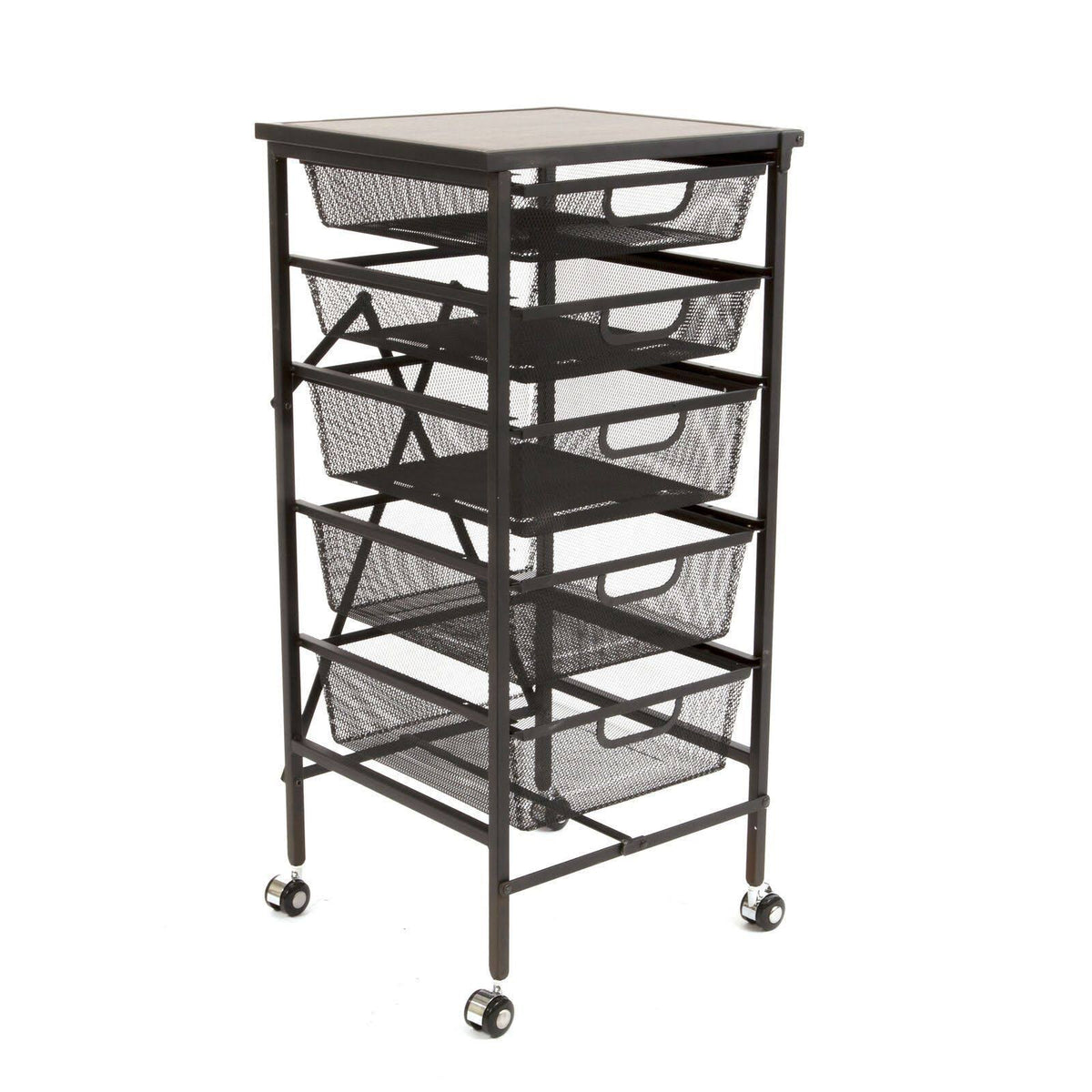 Wheeled Folding Steel 5 Drawer Mesh Storage Kitchen Cart Wood Top Black G48717