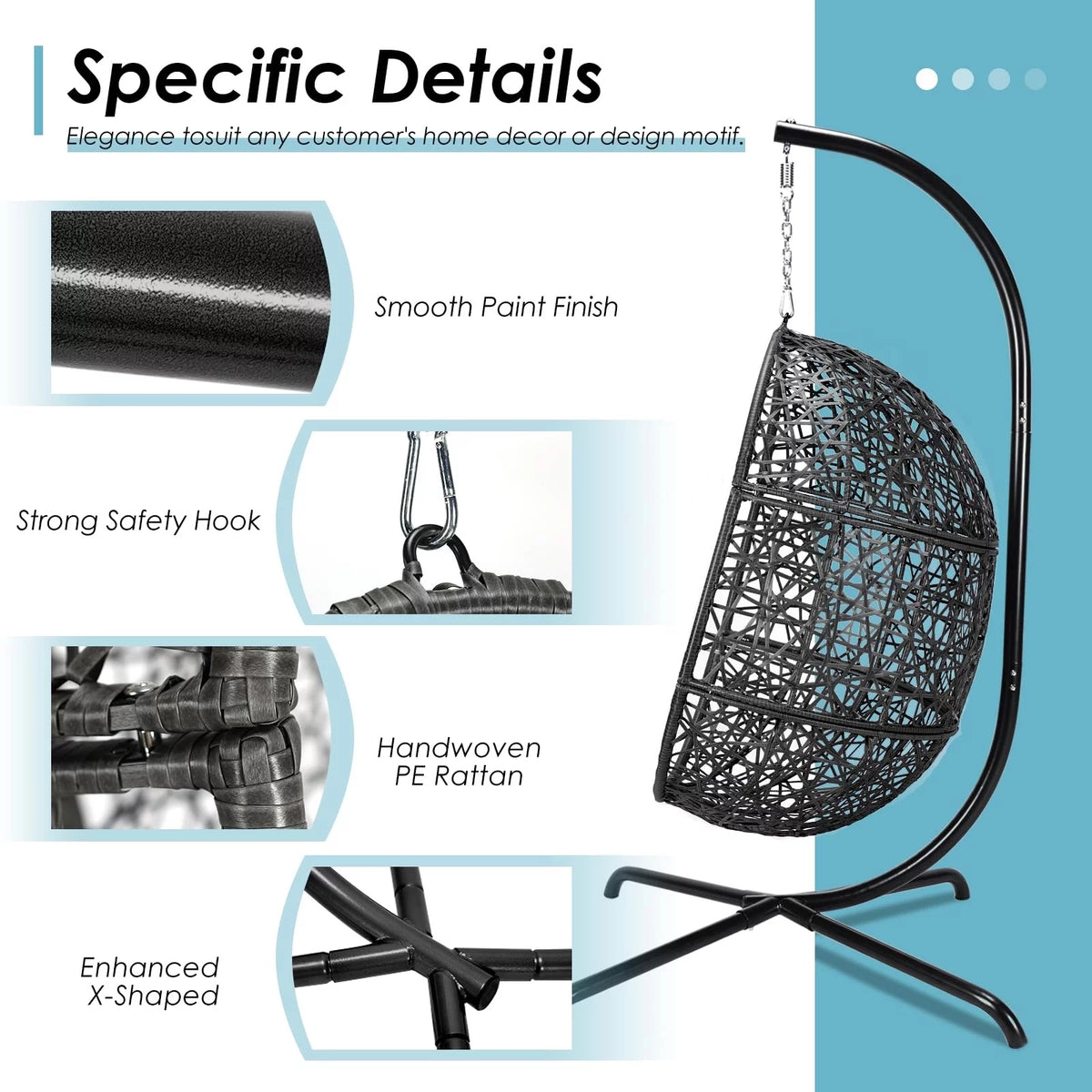 Oversized Black Hanging Swing Egg Chair with Stand and Beige Set B370