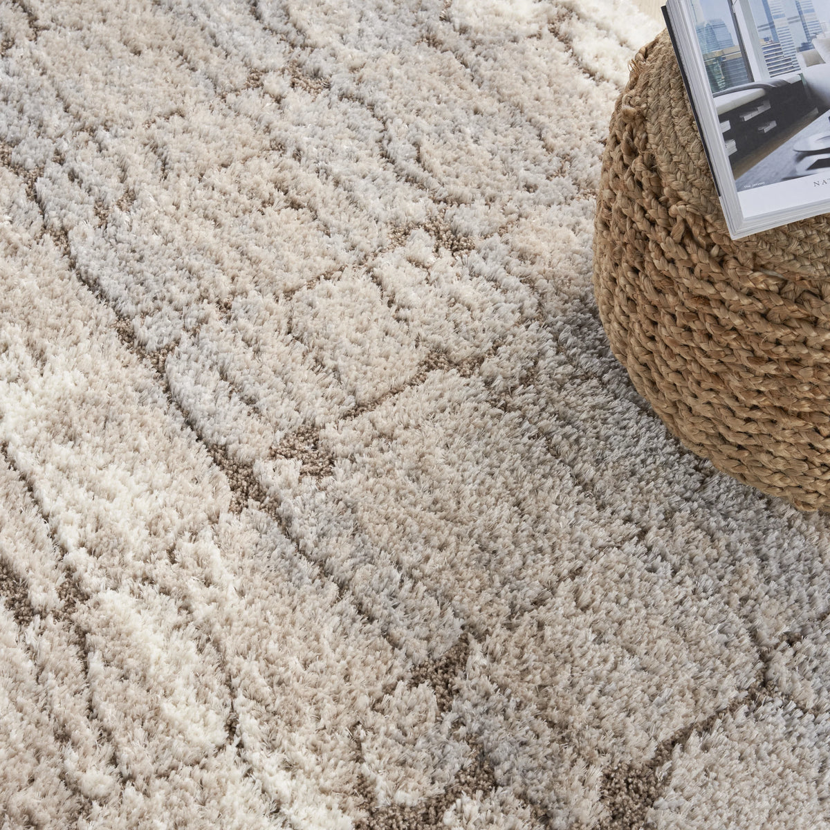 Ivory Beige Abstract Shag Area Rug 7'10" x 9'10" E520293