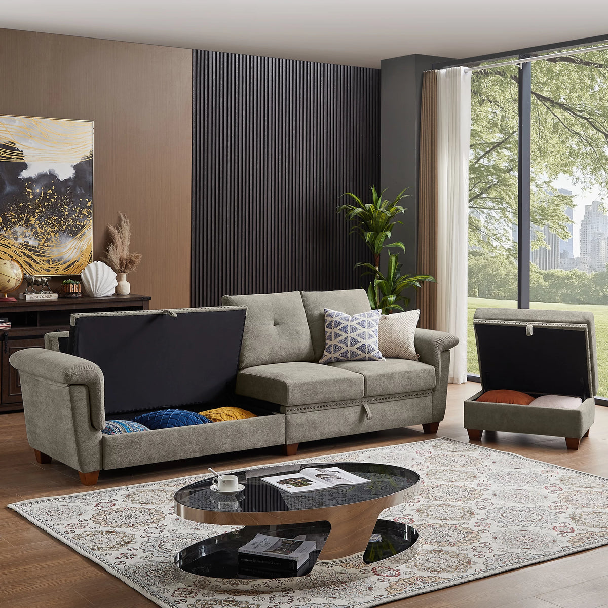 Light Gray L-shaped Sectional Sofa with Ottoman L537708