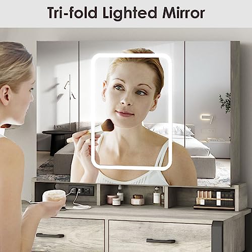 Vanity Desk with Lighted Tri-Fold Mirror and 2 Drawers T86517