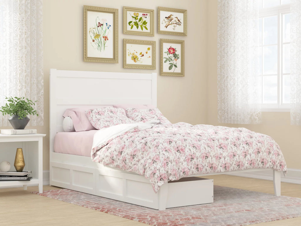 White Full Wood Platform Bed Frame with 2 Storage Drawers M7313