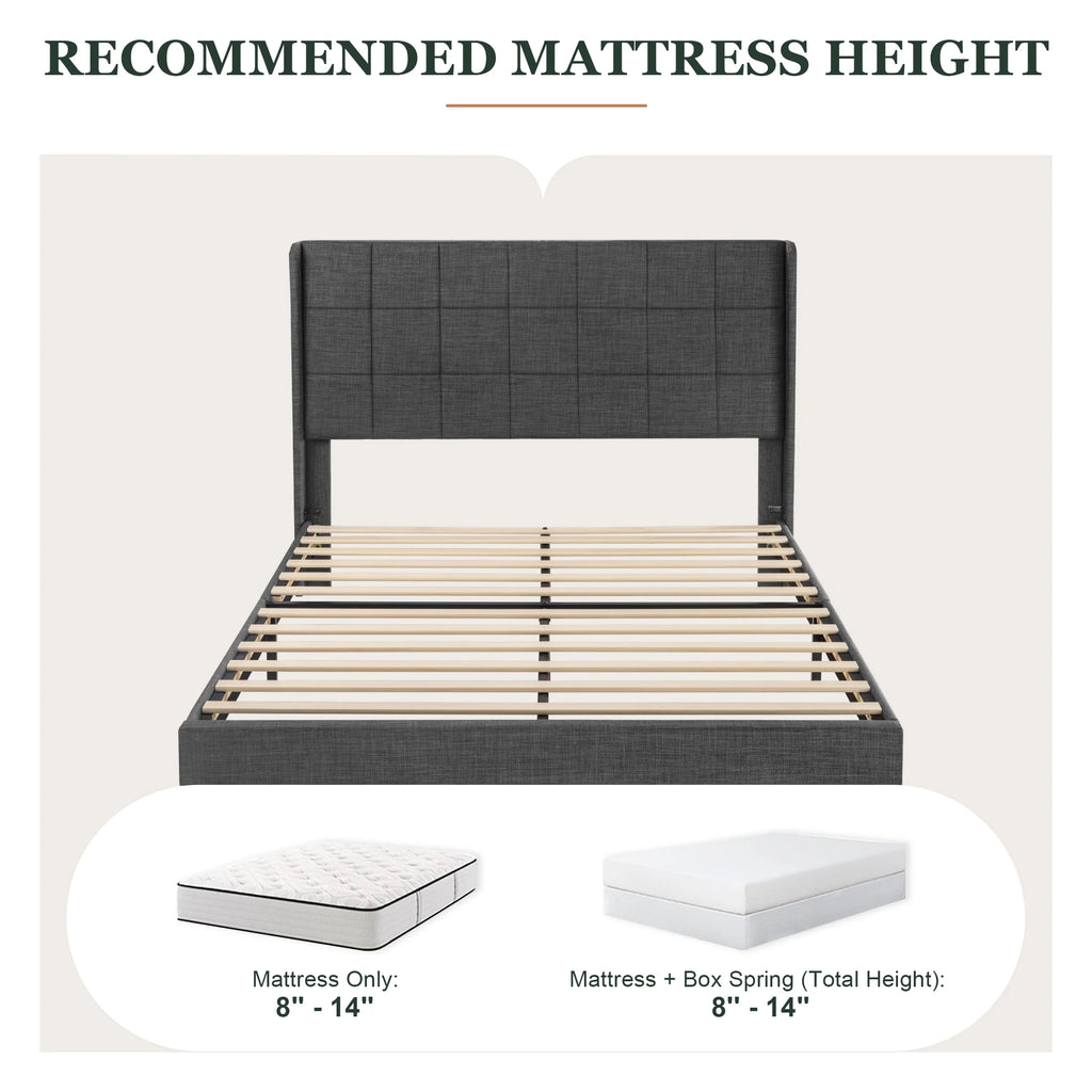 Queen Size Dark Grey Platform Bed with Wingback Headboard Y63405
