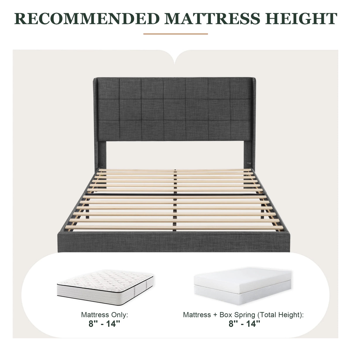 Queen Size Dark Grey Platform Bed with Wingback Headboard Y63405