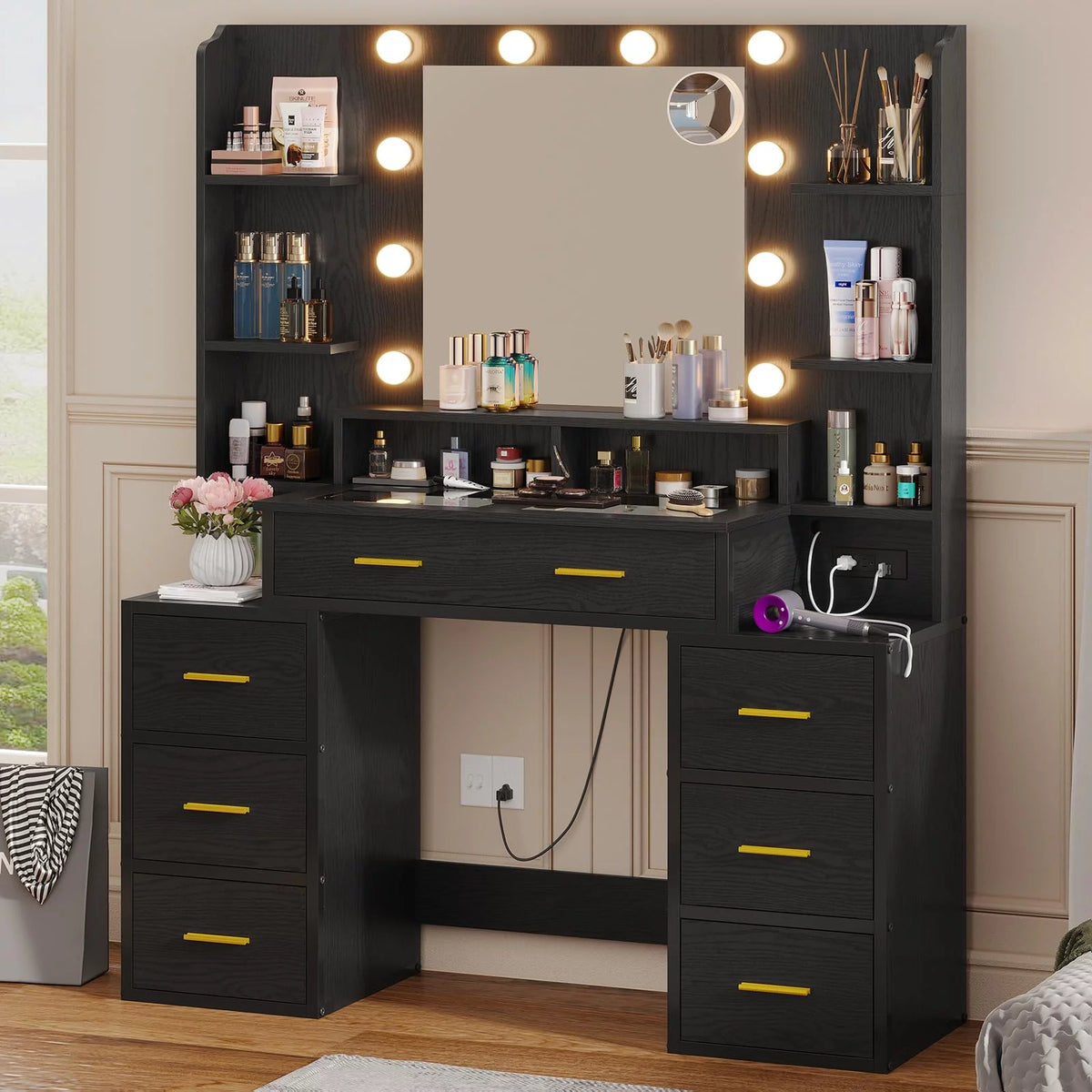 Black Glass Top Vanity Desk with Mirror and Lights O9319
