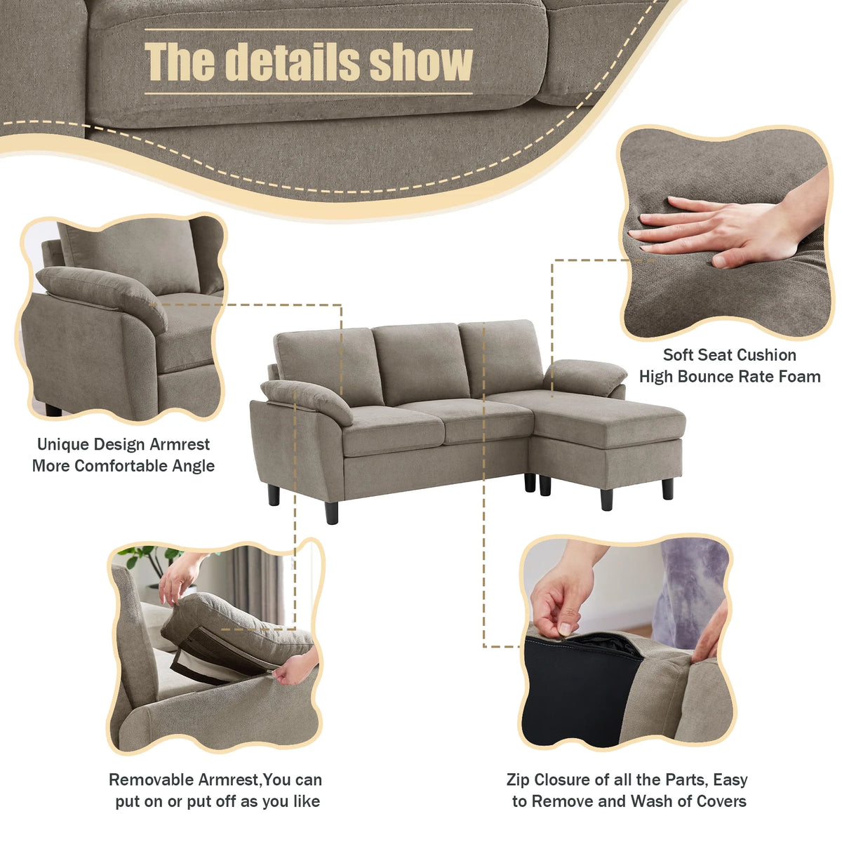 Modern Fabric L-Shaped Sectional Sofa with Chaise K56156