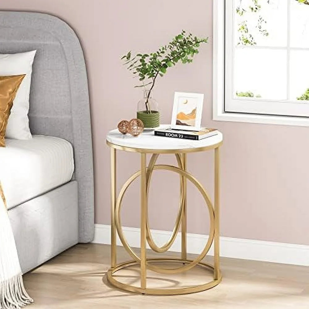 Modern Round End Table with Wood Top and Black O-Shaped Base Z1459