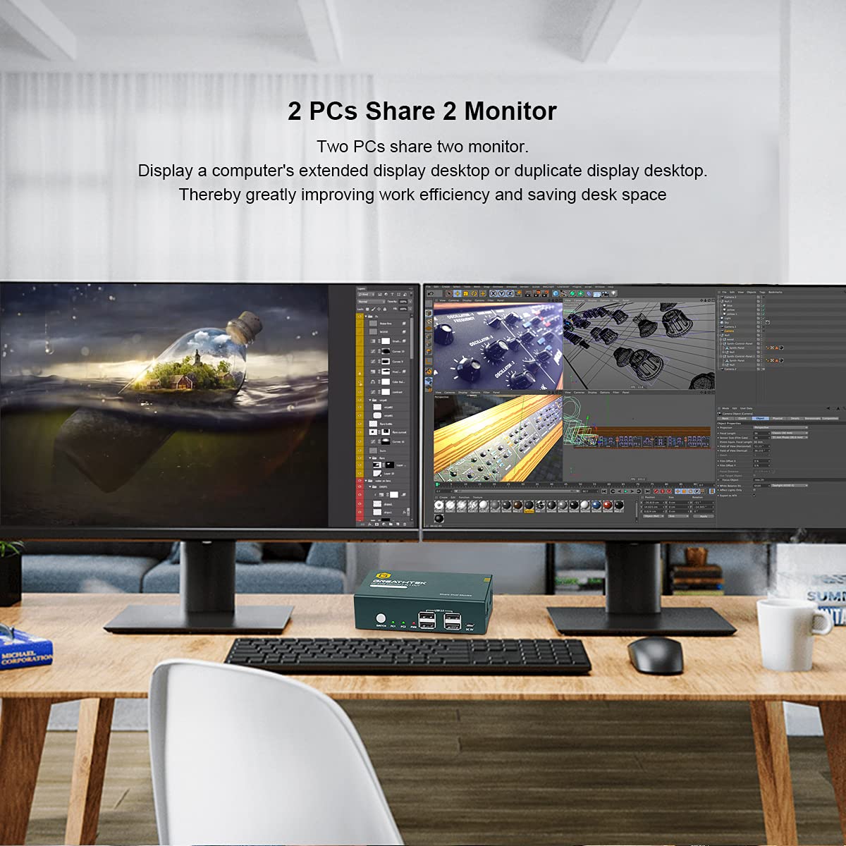 KVM Switch DP Displayport Dual Monitor 2 Port 4 USB 2.0 Hub 4K@60Hz N551
