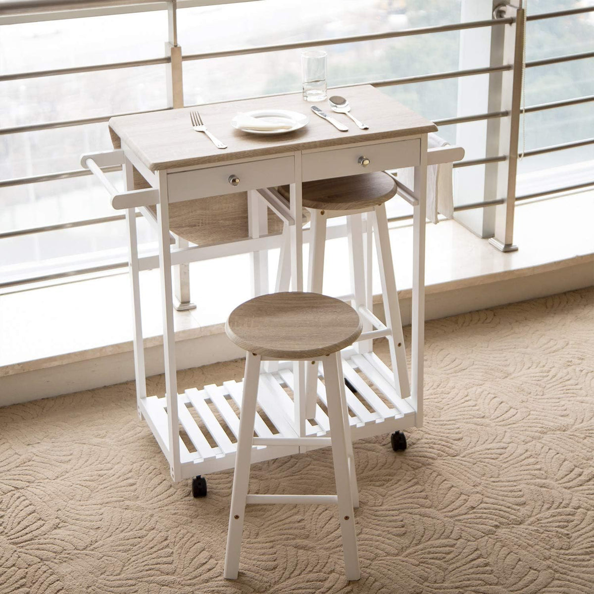 Wood Breakfast Cart with Drop Leaf 2 Drawers S44645