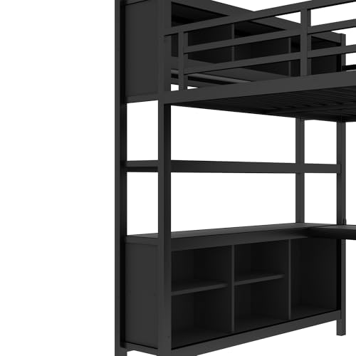 Queen Size Black Metal Loft Bed with Wardrobe and L-Shaped Desk S883805