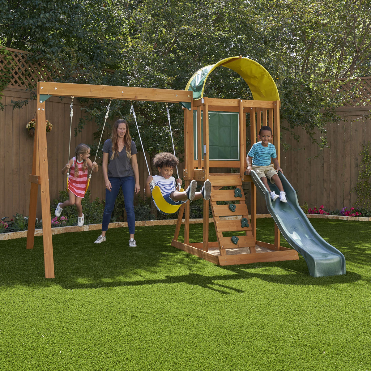 Wooden Outdoor Swing Set with Slide and Rock Wall X817333