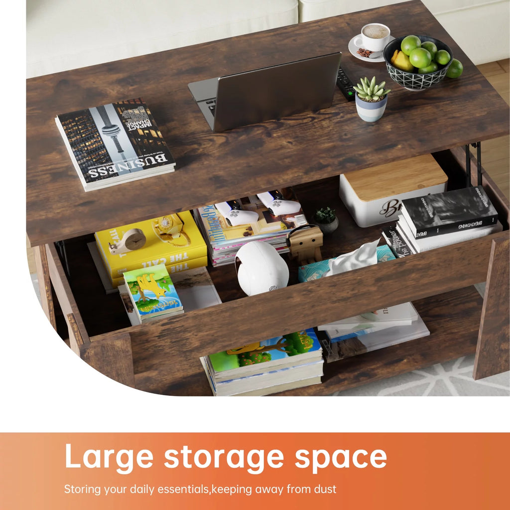 Brown Lift Top Coffee Table with Hidden Compartment and Storage Shelf H9442