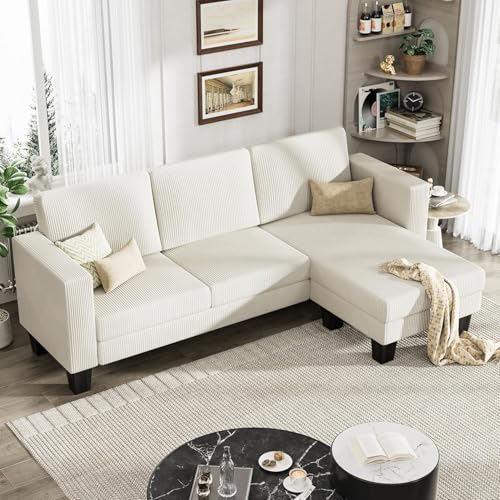 Cream Corduroy L-Shaped Convertible Sectional Sofa 3 Seater X831568