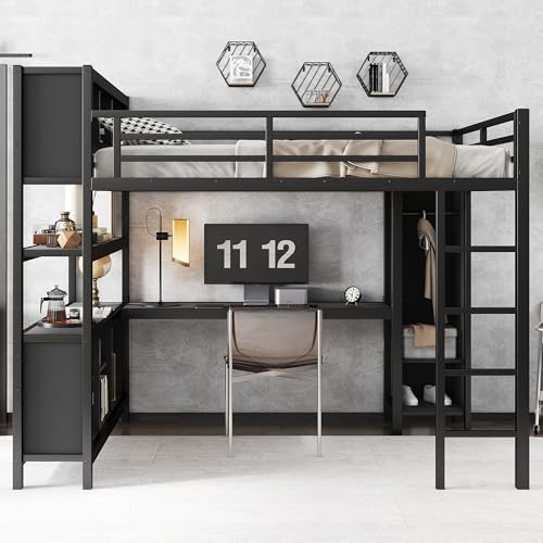 Queen Size Black Metal Loft Bed with Wardrobe and L-Shaped Desk S883805