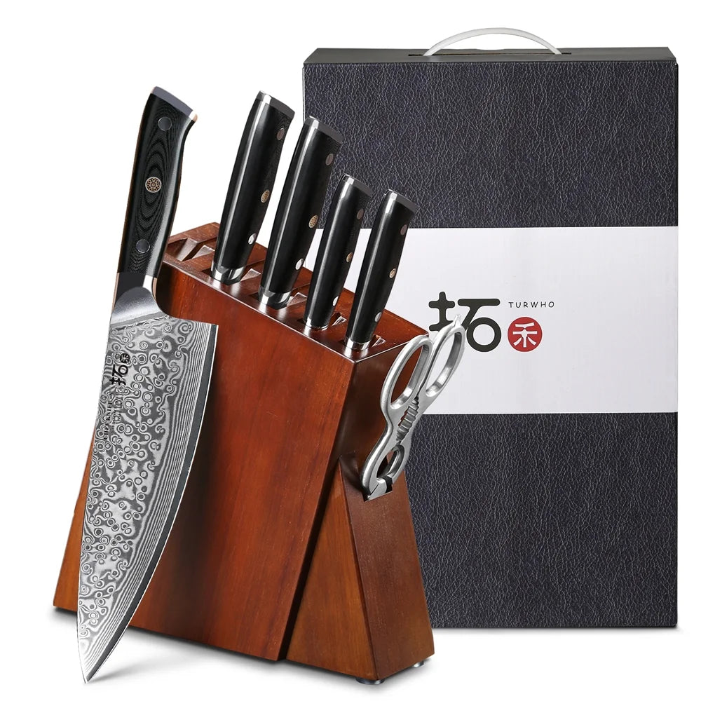 7Pcs Japanese VG10 Damascus Steel Knife Block Set Q691