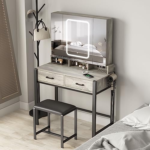 Vanity Desk with Lighted Tri-Fold Mirror and 2 Drawers T86517