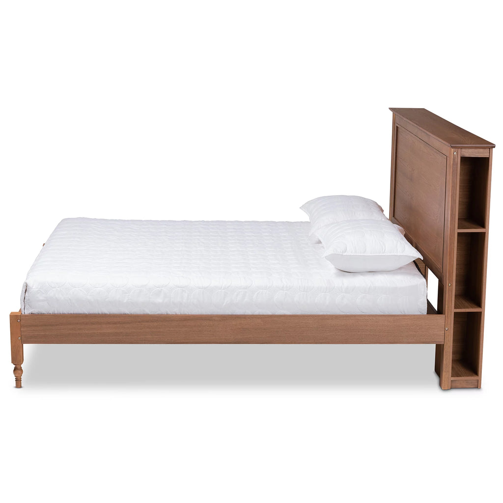 Ash Walnut Brown Wood Queen Size Platform Storage Bed with Built-In Shelves K26234