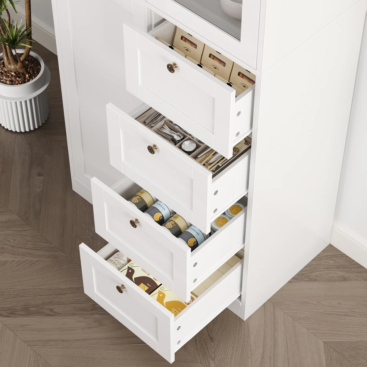 White Kitchen Pantry Cabinet with 2 Glass Doors and 4 Drawers M70531