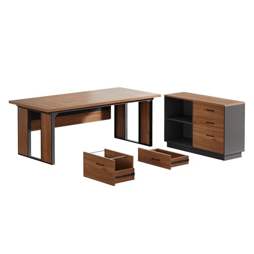 L-Shaped Executive Desk with Drawers Cabinet and Storage Shelves V749057