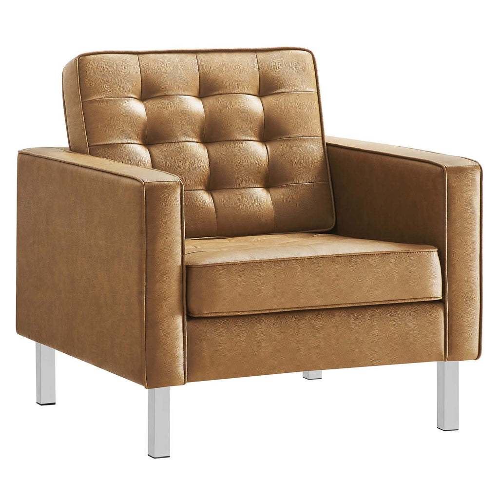 Silver Tan Tufted Vegan Leather Armchair and Ottoman Set Y34689