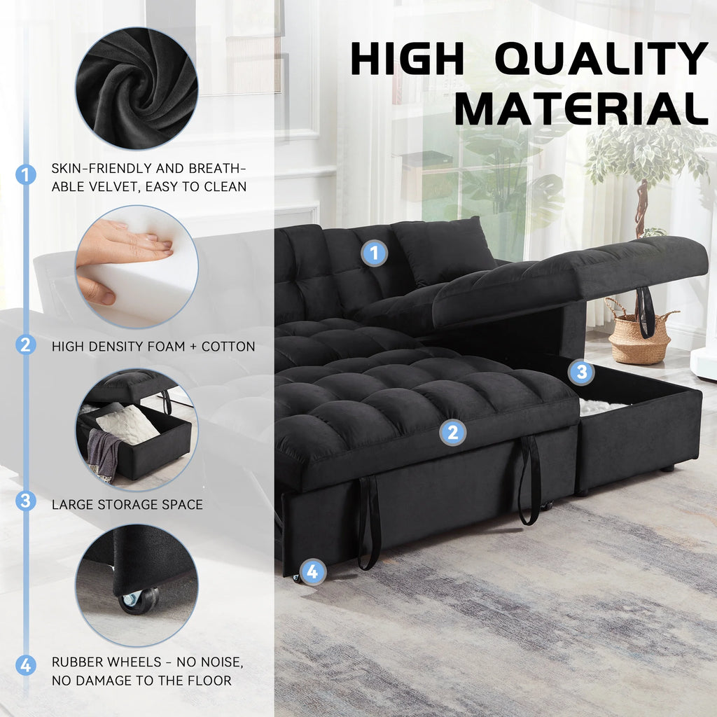 84" Black Velvet Convertible Sleeper Sofa with Storage Chaise Y2708