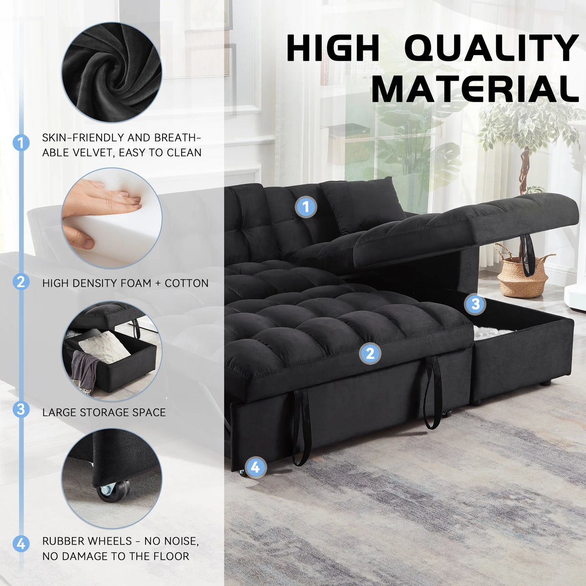 84" Black Velvet Convertible Sleeper Sofa with Storage Chaise Y2708