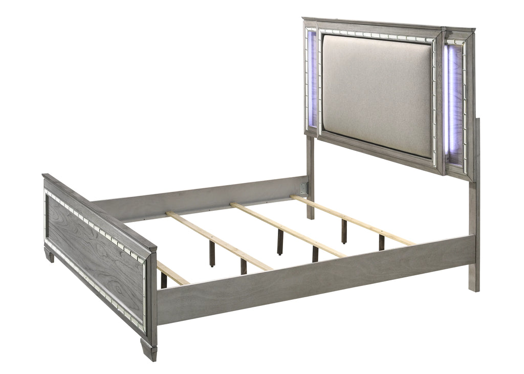 Queen Upholstered Wooden Panel Bed with LED in Gray Oak P948