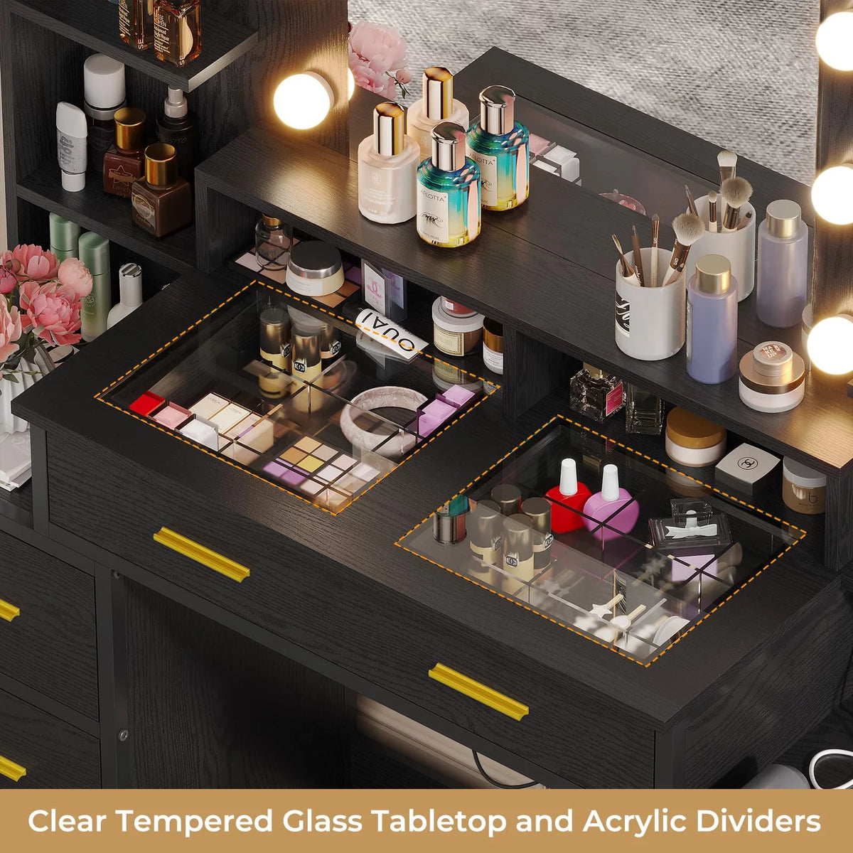 Black Glass Top Vanity Desk with Mirror and Lights O9319