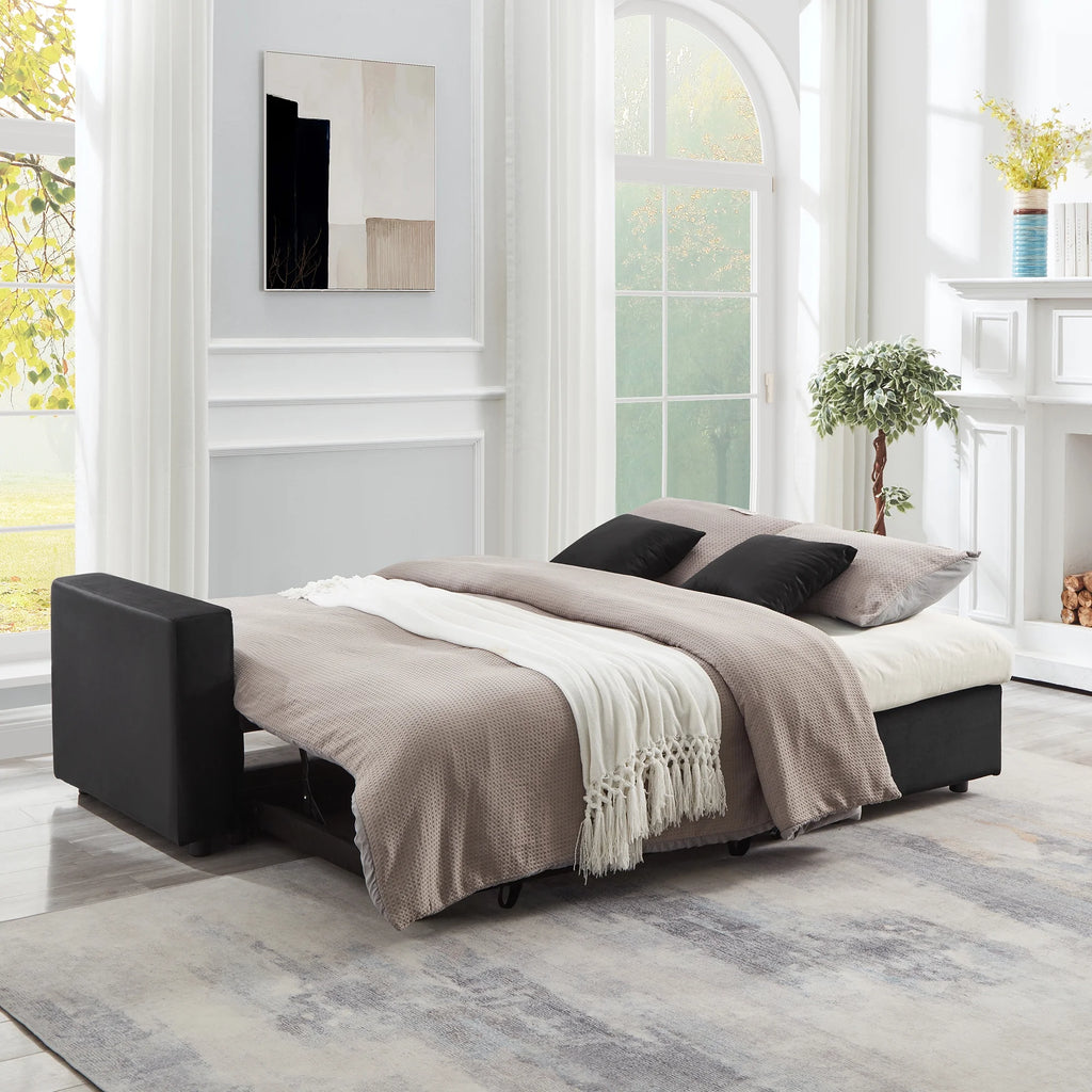 84" Black Velvet Convertible Sleeper Sofa with Storage Chaise Y2708