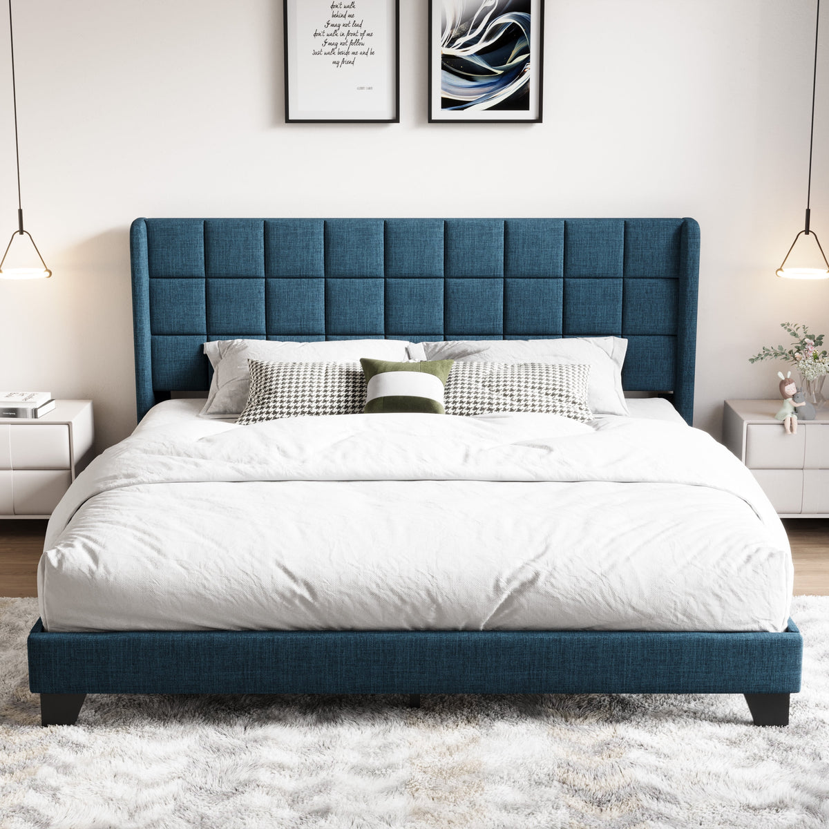 Queen Size Dark Grey Platform Bed with Wingback Headboard Y63405