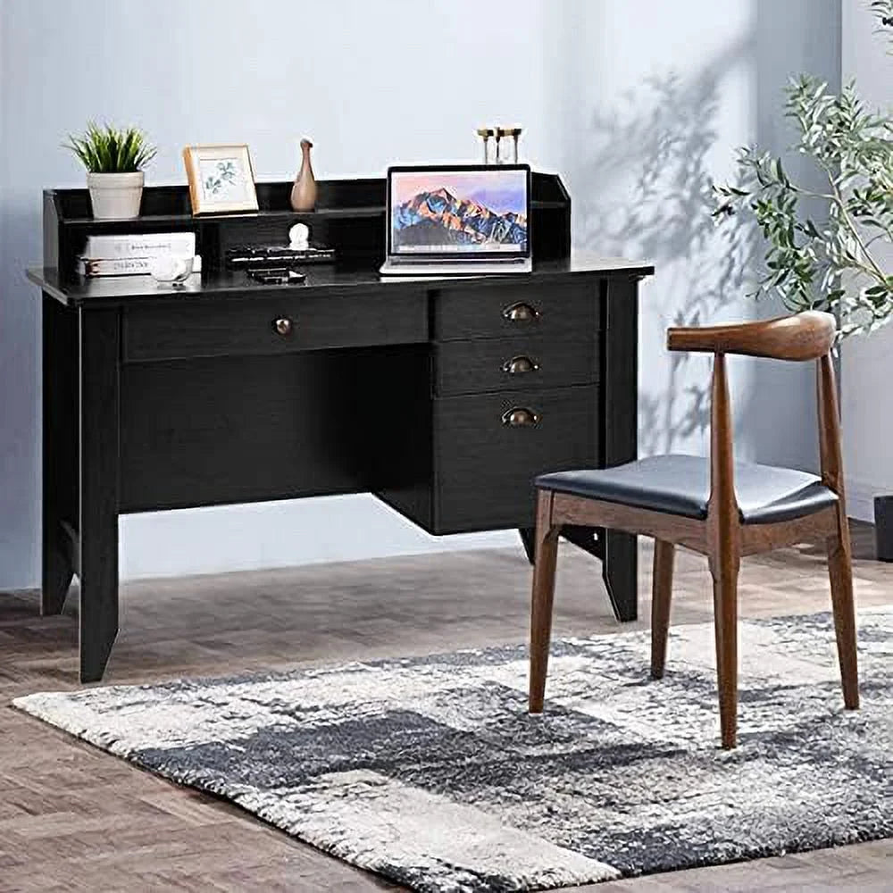 Brown Wooden Computer Desk with 4 Drawers and Bookshelf T8683