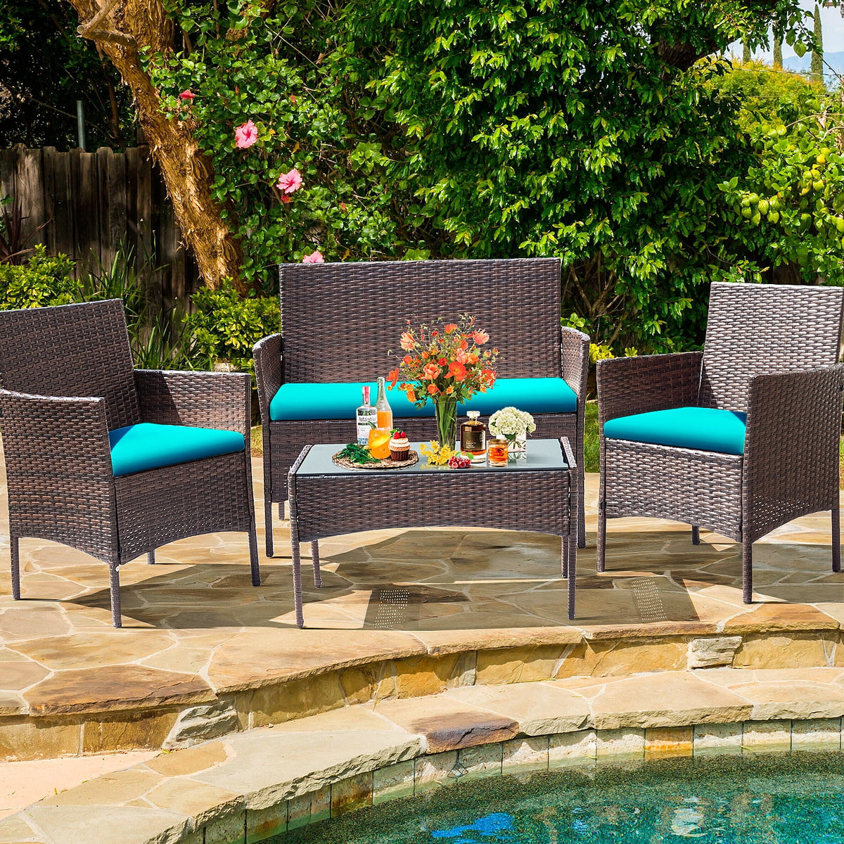 4 Piece PE Rattan Wicker Patio Table and Chairs Set with Cushions N8022