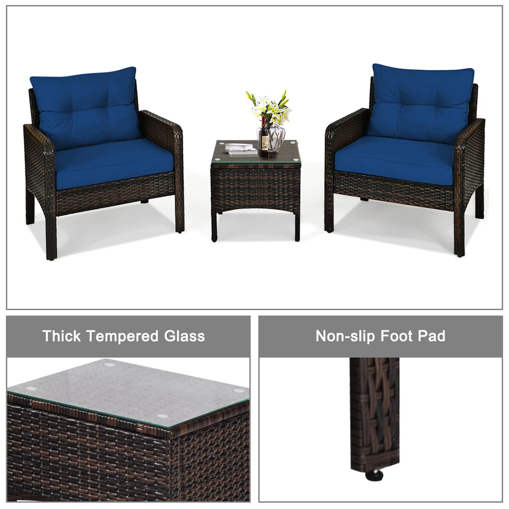 3 Pcs Rattan Patio Conversation Set with Navy Cushions J43316
