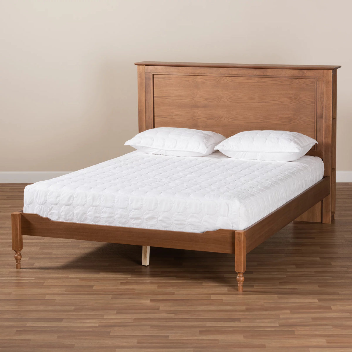 Ash Walnut Brown Wood Queen Size Platform Storage Bed with Built-In Shelves K26234