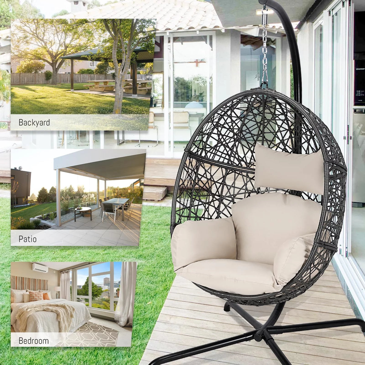 Oversized Black Hanging Swing Egg Chair with Stand and Beige Set B370