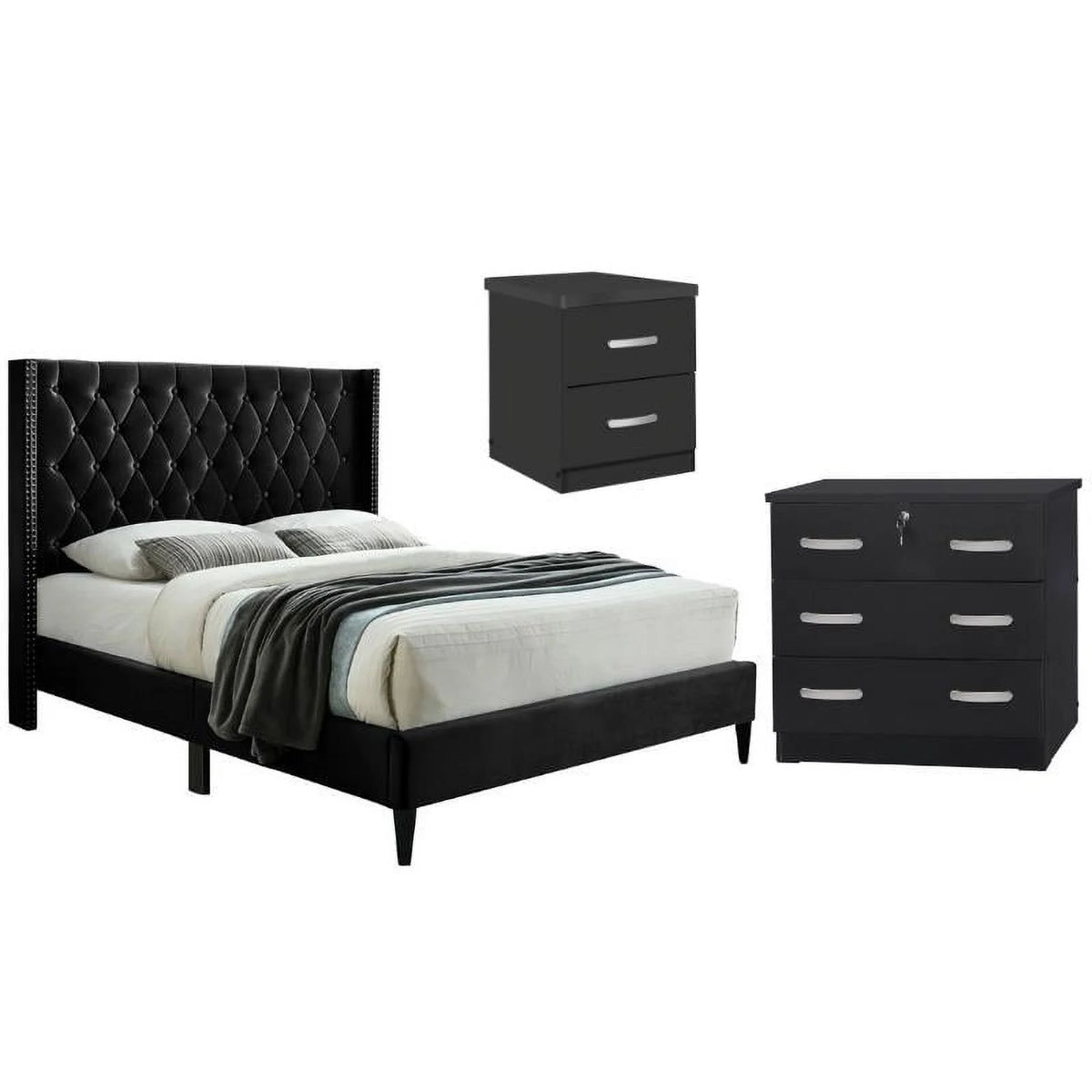 3-Piece Tufted Full Bed Dresser Nightstand Set E2090